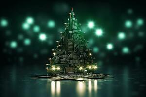 AI generated Christmas tree made with circuit board technology concept photo