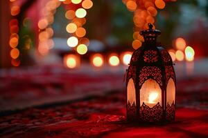 ai generado rojo ornamental Arábica linterna brillante a noche invitación para musulmán santo mes Ramadán kareem foto