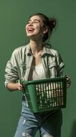 ai generado joven mujer con compras cesta en verde antecedentes foto