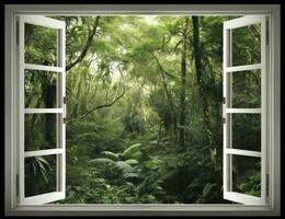 AI generated Modern house open window view forest background photo