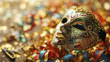 ai generado carnaval fiesta. veneciano máscara con vistoso flámula y silbar foto