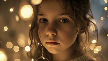 ai generado un hermosa niña poses para un foto con luces en su ojos.