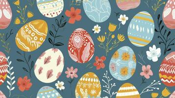 AI generated Cute hand-drawn easter eggs horizontal seamless pattern, fun easter decoration, great for banners, wallpapers, card design. photo