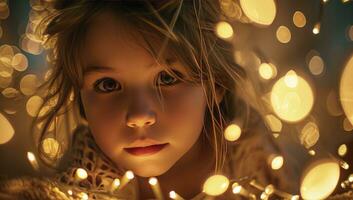 ai generado un hermosa niña poses para un foto con luces en su ojos.