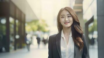 AI generated Asian business woman wearing suit walking on city street outside photo