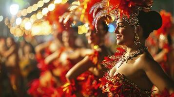 ai generado vamos danza todas nuestra nubes lejos. recortado Disparo de hermosa samba bailarines ejecutando en un carnaval con su banda. foto