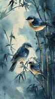 AI generated Watercolor bamboo design in blue and white with birds and birds on a white background, in the style of dark gold and gray. photo