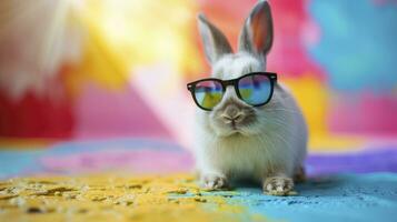 AI generated Cool bunny with sunglasses on colorful background photo