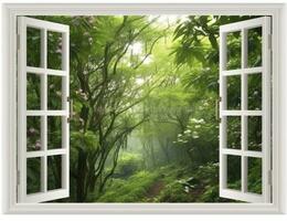 AI generated Modern house open window view forest background photo