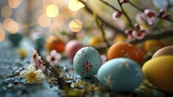 AI generated Close up easter eggs on a blue color wooden table against a bokeh background easter celebration photo