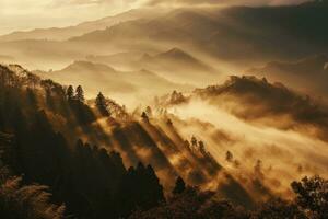 ai generado un montaña rango bosque y niebla a amanecer, en el oscuro naranja y ligero oro. foto