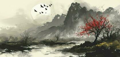 AI generated Chinese style ink landscape photo