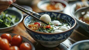 AI generated Eating homemade white small tangyuan with savory soup and vegetable. photo