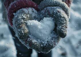 ai generado hembra manos en de punto mitones con corazón de nieve en invierno día. amor concepto. enamorado día antecedentes. foto