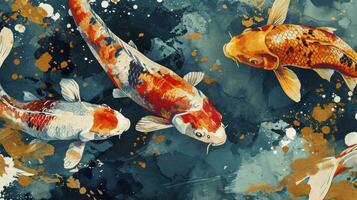 AI generated Asian background, Oriental Japanese style abstract pattern background design with koi fish decorate in watercolor texture photo