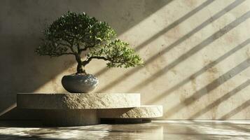 AI generated japanese style minimal abstract background.stone podium and bonsai with brown background for product presentation. 3d rendering illustration. photo