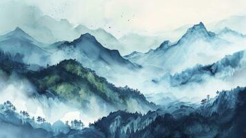 AI generated A watercolor landscape of serene mountains, inspired by the Chinese style of classical traditional ink painting. photo