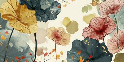 AI generated Asian background, Oriental Japanese and Chinese style abstract pattern background design with botanical flowers decorate in watercolor photo