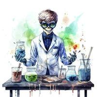 AI generated A student in a science classroom with lab equipment, watercolor. AI Generated photo