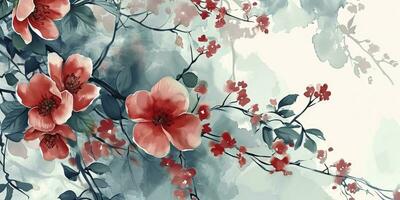 AI generated Asian background, Oriental Japanese and Chinese style abstract pattern background design with botanical flowers decorate in watercolor photo