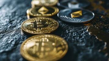 AI generated Symbolic cryptocurrency types represented as coins are lined up against dark background. photo