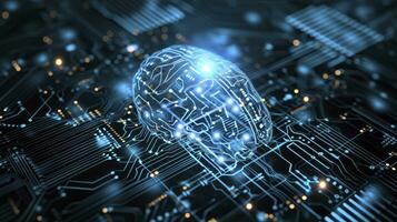 AI generated Futuristic Illustration of Artificial Intelligence Brain Concept with Digital Circuitry. AI brain circuit board icon illustration. photo