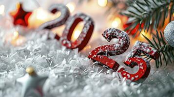 AI generated New year background with the numbers 2025 on the white ice light bokeh background photo