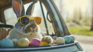 AI generated Cute Easter Bunny with sunglasses looking out of a car filed with easter eggs photo