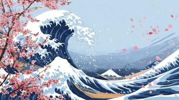 AI generated Abstract Hokusai style background. Waves, sea, pink sakura trees. photo