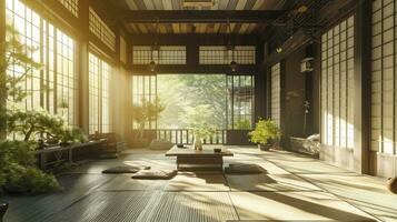 AI generated Traditional japanese empty room interior with tatami mats and sun light. photo