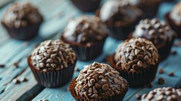 AI generated Brigadeiro in paper forms on blue wooden background, close up photo