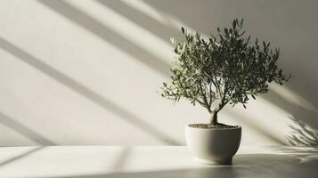 AI generated Minimal style light backdrop with blurred foliage shadow on white wall. Potted Olive bonsai tree, Beautiful blank background for presentation photo