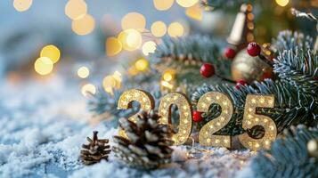 AI generated New year background with the numbers 2025 on the white ice light bokeh background photo