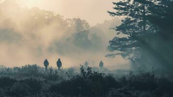 AI generated Stunning dawn scene in fog with silhouetted samurais on the historic Sekigahara battlefield, delivered in modern ink wash style and muted tones. photo