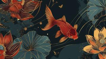 AI generated Luxury gold oriental style background. Chinese and Japanese wallpaper pattern design of elegant goldfish, lotus flowers with gold line. Design illustration for decoration, wall decor. photo