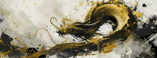 AI generated Happy New Year dragon, in the style of minimalistic brushstrokes, dark white and light gold, ink-wash landscape,. photo
