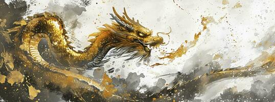 AI generated Golden dragon and gold brush strokes for the new year on a white background, in the style of ink wash collages, dark white and light gray,  enchanting watercolors. photo