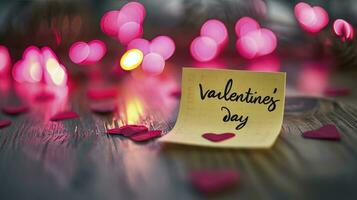 AI generated The text valentines day written on a sticky note on a wooden table against a bokeh background. photo