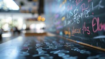 AI generated Different people different color hand writing on a chalkboard side view classroom bokeh background photo