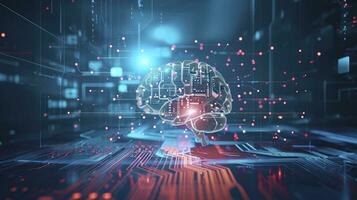 AI generated Futuristic Illustration of Artificial Intelligence Brain Concept with Digital Circuitry. AI brain circuit board icon illustration. photo