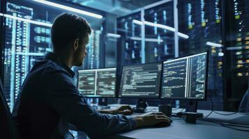 AI generated Professional  Programer Working in Data Center on Desktop Computer with Three Displays, Doing Development of Software and Hardware. Displays Show Blockchain. photo