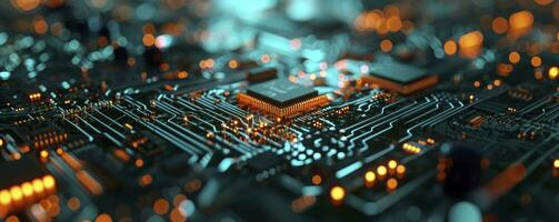 AI generated Printed circuit board futuristic serverCircuit board futuristic server code processing. Orange, green, blue technology background with bokeh. 3D Rendering photo