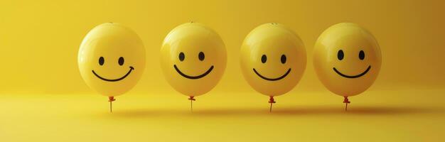 AI generated Smiley balloons sitting on a yellow background. photo