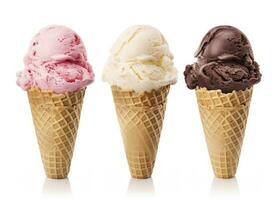 AI generated Chocolate, vanilla and strawberry Ice cream in the cone on white background. AI Generated photo