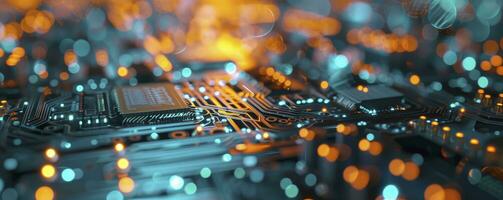 AI generated Printed circuit board futuristic serverCircuit board futuristic server code processing. Orange, green, blue technology background with bokeh. 3D Rendering photo