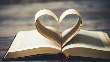 ai generado libro en corazón forma celebrando educación y conocimiento en mundo libro día, san valentin día y derechos de autor día foto