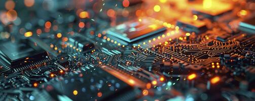 AI generated Printed circuit board futuristic serverCircuit board futuristic server code processing. Orange, green, blue technology background with bokeh. 3D Rendering photo