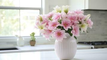 ai generado un blanco florero lleno de rosado flores es sentado en encimera. ai generado foto