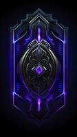 AI generated Amethyst 3D Minimalist Shield Design with a black or dark background with neon lines. AI Generative photo