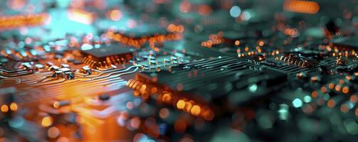 AI generated Printed circuit board futuristic serverCircuit board futuristic server code processing. Orange, green, blue technology background with bokeh. 3D Rendering photo